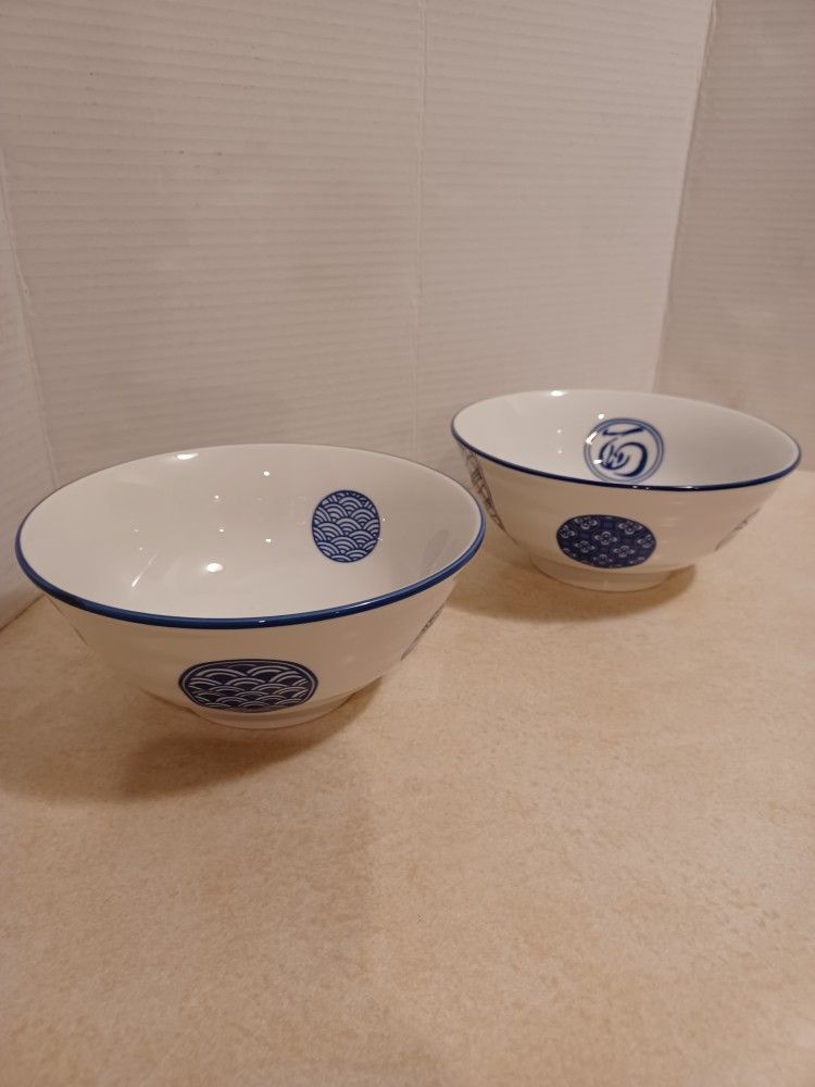 2- NEW Heavyweight White & Blue Footed Chinese Bowls