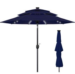 FRUITEAM 10ft 3-Tier Solar Patio Umbrella, Outdoor Vented Market Umbrella with 24 LED Lights, Table Umbrella Push-Button Tilting for Yard/Garden (Base