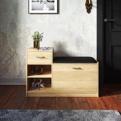 NATURAL OAK SHOE STORAGE ENTRYWAY BENCH WITH DRAWER AND SHELVES