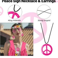 60s 70s Outfits for Women Hippie Costume Set Peace Sign Earring Headband Fringe Vest Tassel Cardigan

