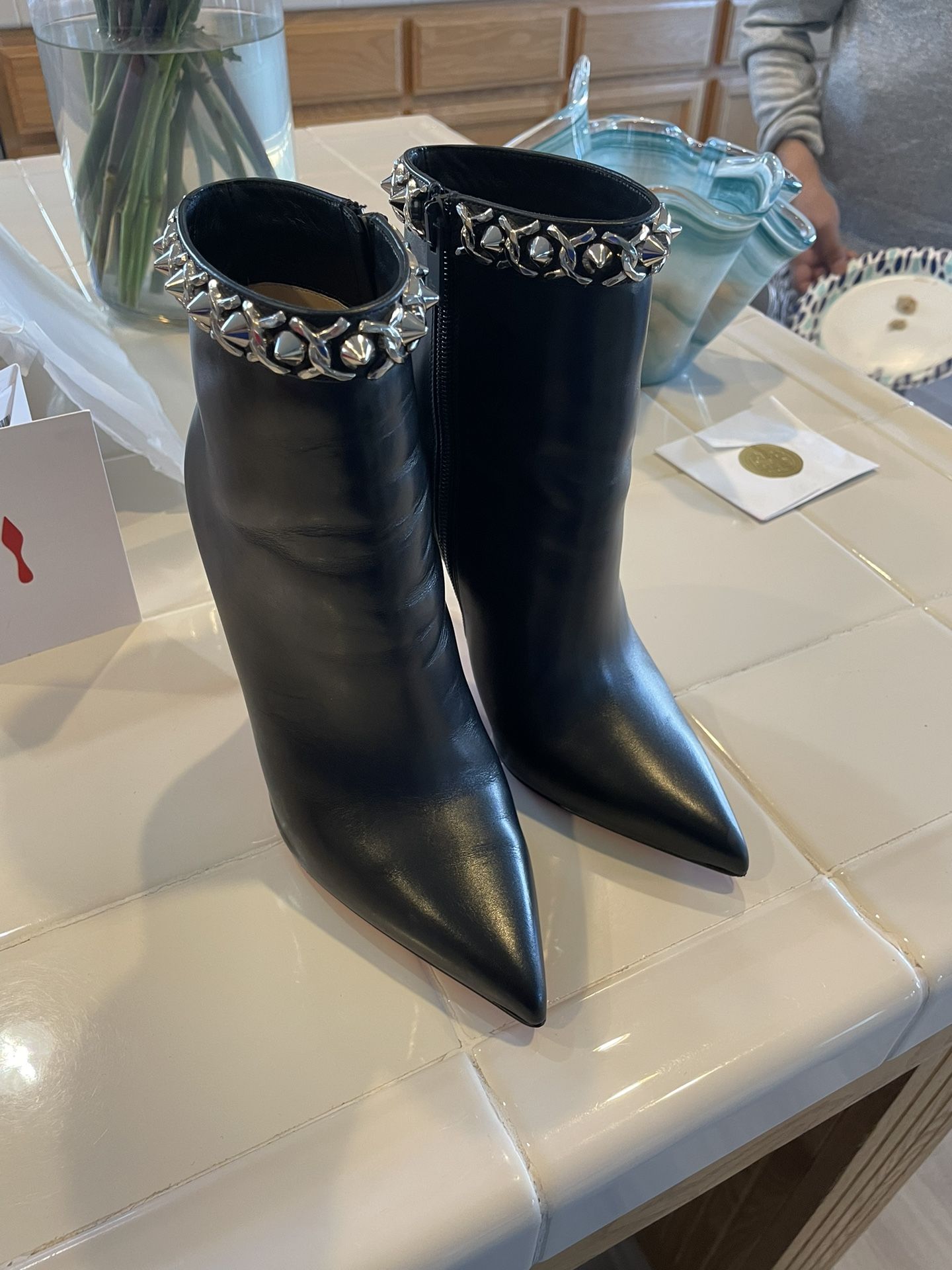 Christian Louboutin Booty Chain Black Silver Spike Leather Ankle Heel Boot 37.5 US Size 7 Women’s