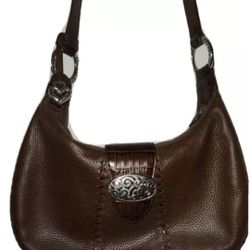 BRIGHTON Handbag Frankie Brown Pebbled Leather Shoulder Bag Hobo Siver Heart