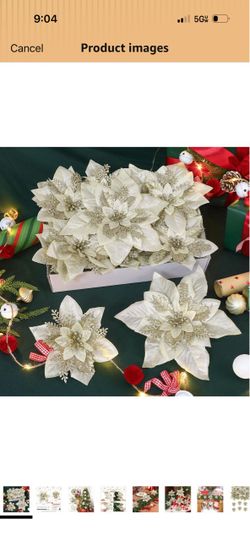 Alupssuc 24PCS 6"& 9" Champagne Gold Artificial Poinsettia Christmas Flowers, Glitter Faux Ornaments for Xmas Tree Wreath Garlands New Year Home Decor
