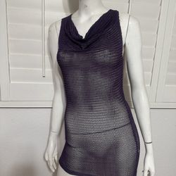 Small purple knit long tank top shirt blouse y2k cowl neck stretchy dress mini .