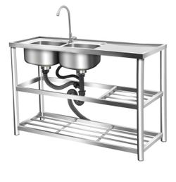 New In Box Double Bowl Commercial Sink With Prep Space