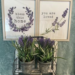 2 faux lavender plants in chicken wire basket And 2 Framed Lavender prints