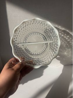 Clear Hobnail Ruffled Edge White Opalescent Divided Glass Plate Serving Dish