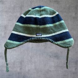 Patagonia Ear Flap Hat Beanie Wool Fleece Lined Nordic Chullo Tassels Green Blue