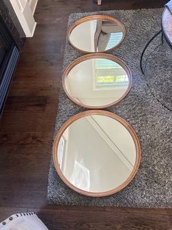 Set of 3 Round Wood Frame Wall Mirrors