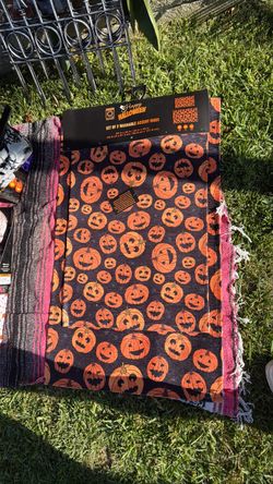 Happy Halloween Set of 2 Washable Accent Rugs pumpkin orange black mat carpet spooky haunted house for airbnb home
