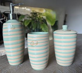 Veratex Bathroom Set Pump Soap Dispenser toothbrush Cup Q-tip Holder with lid  Colors: green tan beige stripes  New