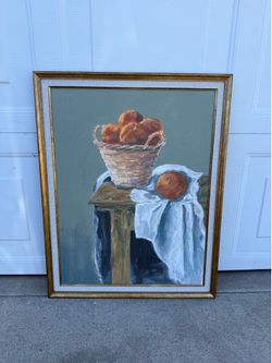 Original Signed Still Life Painting – Professionally Framed – Peaches & Basket