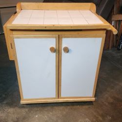 Kitchen Island - White Tile On Top, Real Wood Surrounds, White MDF Accents, Knife Block, Towel Rack, Rehab N Restore
