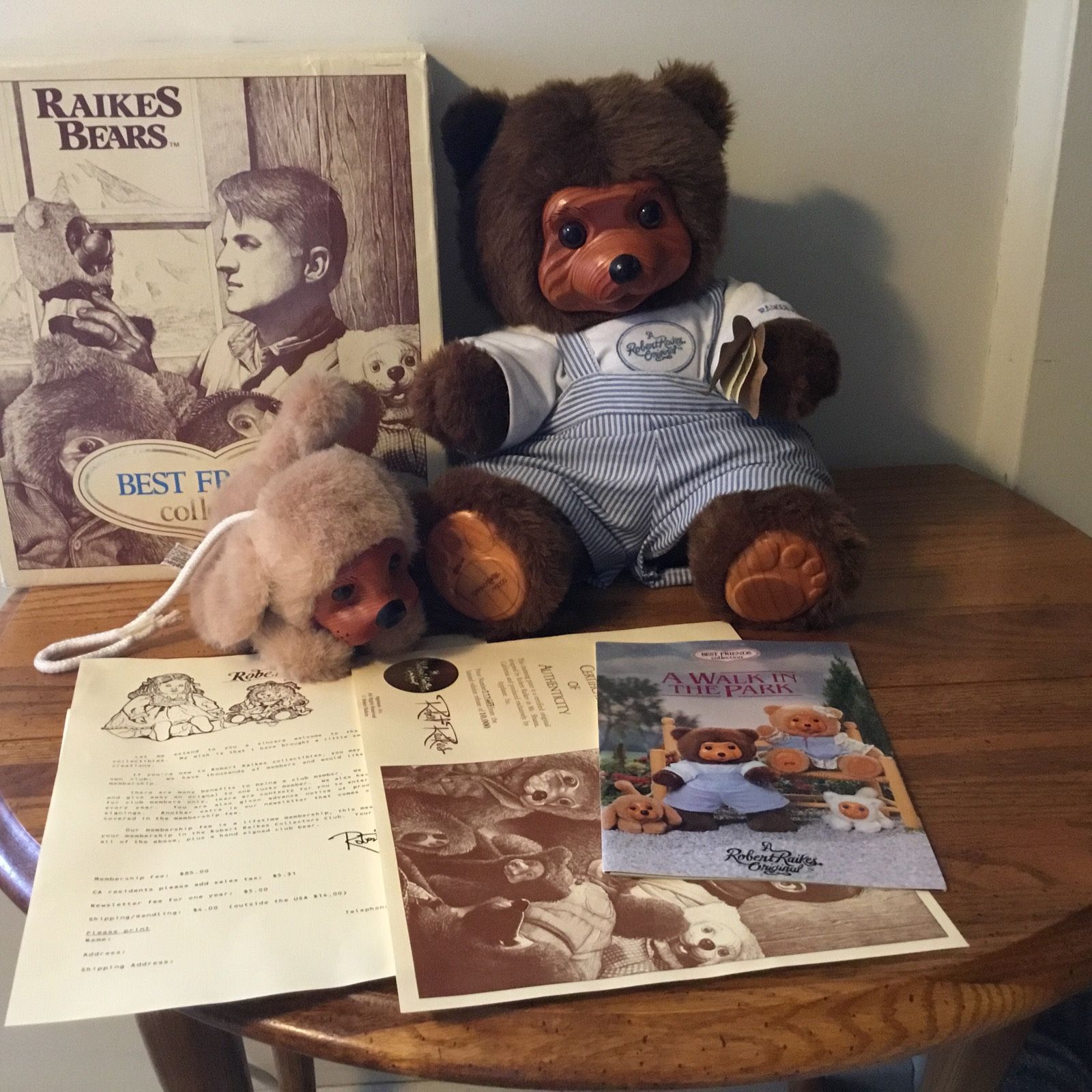 New Robert Raikes Wood Face Plush Dressed Bear With Puppy Brian & Sport