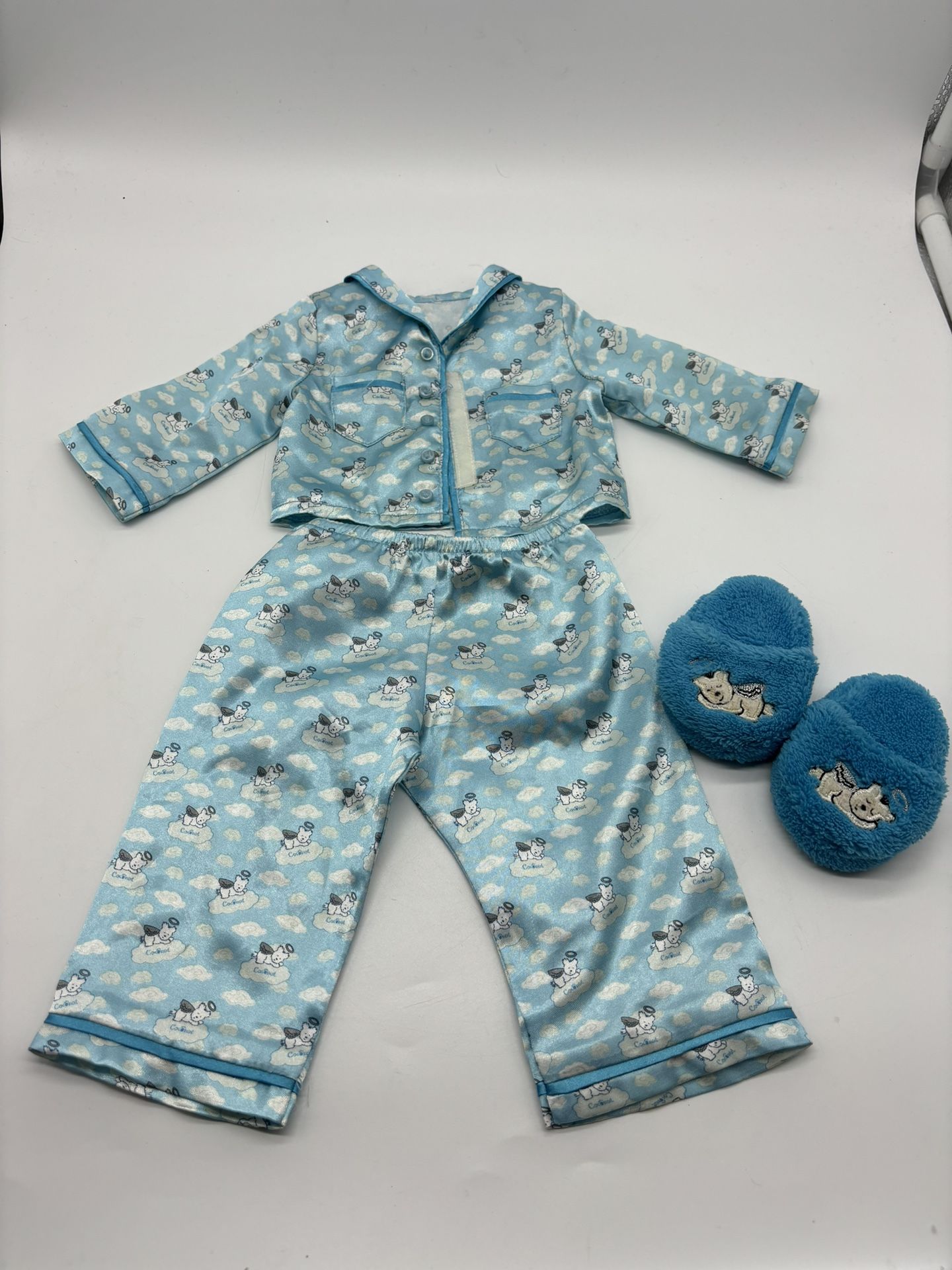 American Girl Doll Blue Satin Coconut Pajamas - Top Bottom Slippers
