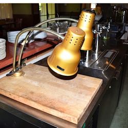 Carving Station Kit with 24" Dual Arm Gold Heat Lamp, Cutting Board- 120V, 500W