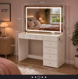 Boahaus Aria Makeup Vanity with LED Mirror, Bluetooth & Glass Top – Like New