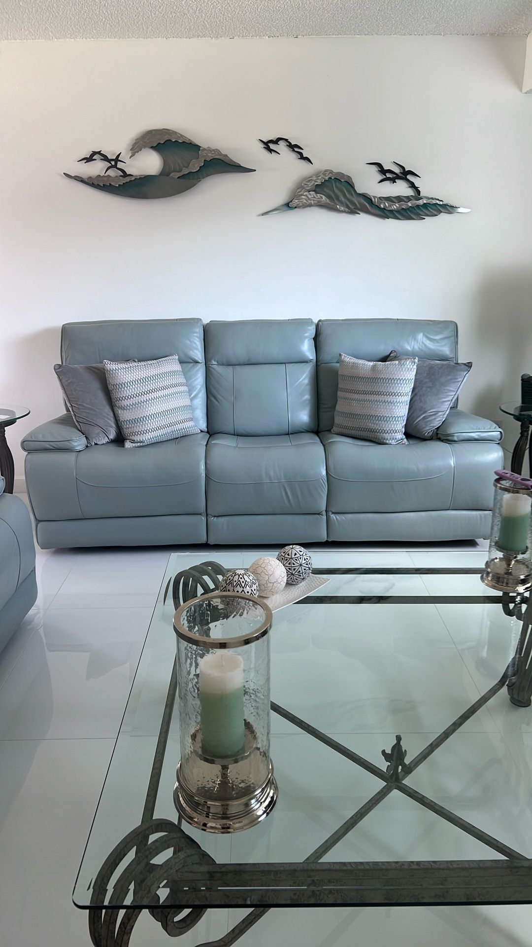 Full Leather Sofa/ Recliner On Each End / Grey Teal