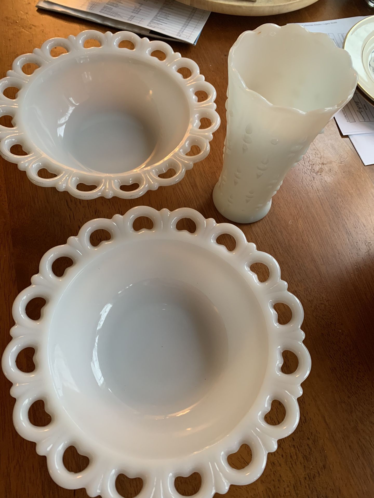 Milk glass bowls and vase