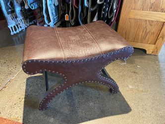 Brown Embossed Leather Ottoman with Nailhead Trim