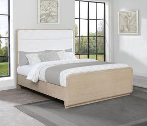 New Modern Queen Panel Bed | Light Elm Finish & Cream Boucle Upholstered Headboard | Contemporary Style