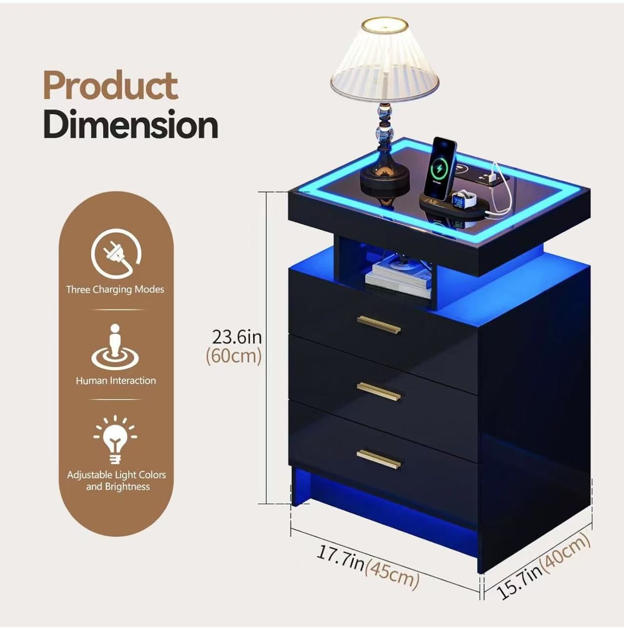 🥨Night Stand with Charger Station, LED Lights Bedside Table with 3 Drawers and 3 Open Compartments,Modern End Side Table with Glass Top,Nightstand