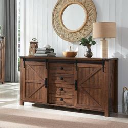 E911 $180 2box e911-1, e911-2 Farmhouse Sideboard Buffet Cabinet with Storage, 60" Large Kitchen Cabinet w/Sliding Barn Doors and 4 Drawers, 31.2'' Ta