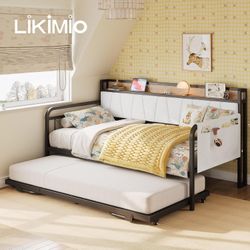 Daybed with Trundle Bed, Twin Bed Frame with Storage Boucle Headboard and Charging Station, Sofa Day Bed with Strong Supports for Living Room, Bedroom
