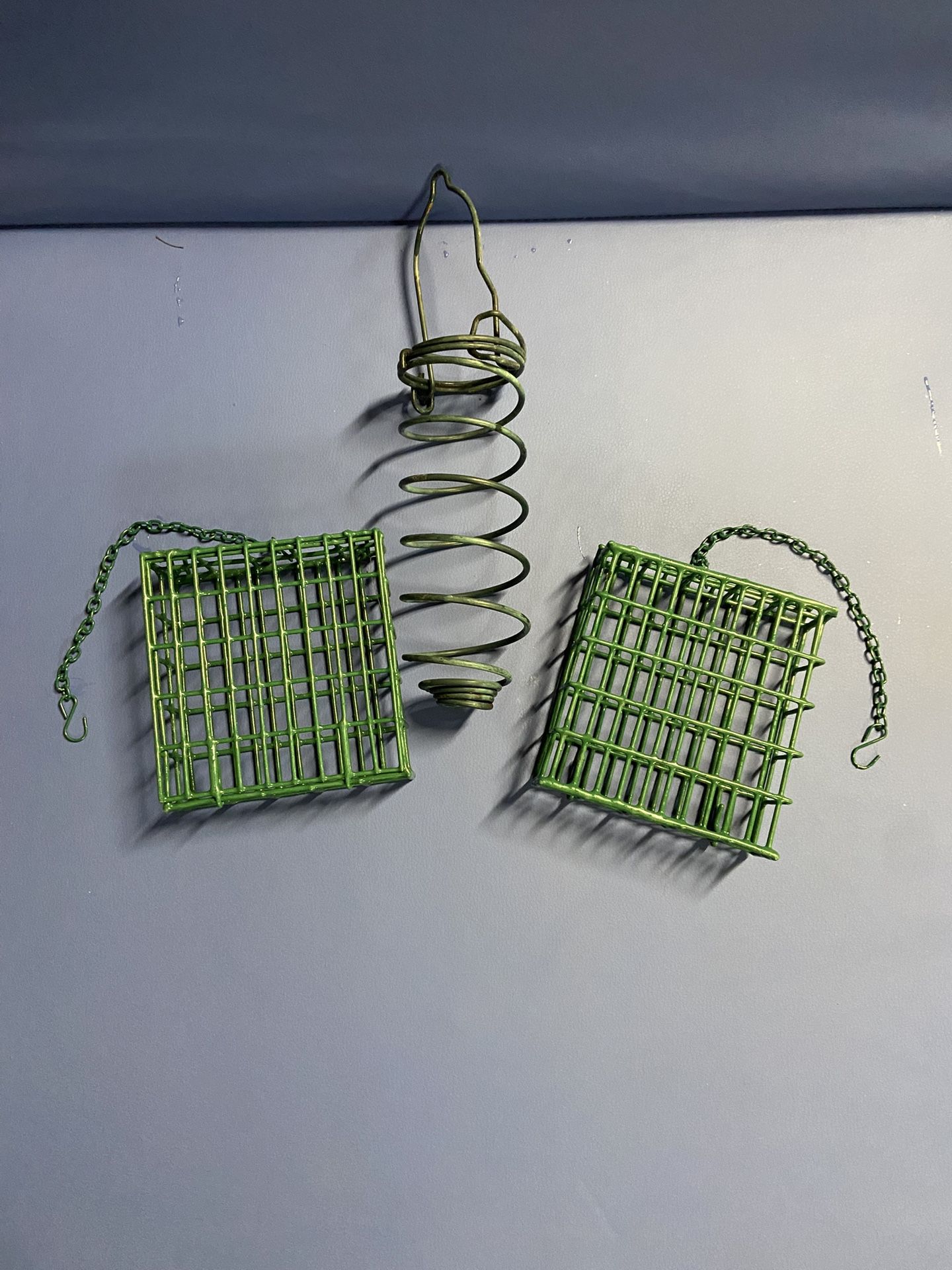 Lot of 3 Hanging Metal Feeders: 2 Suet & Seed Cake for Birds & Corn Cob for Squirrels