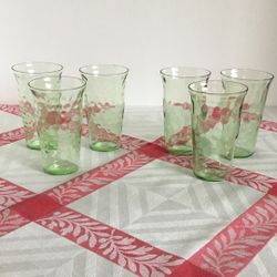 6 Green Depression  Ware Juice Glasses 4” High Antique Collectible