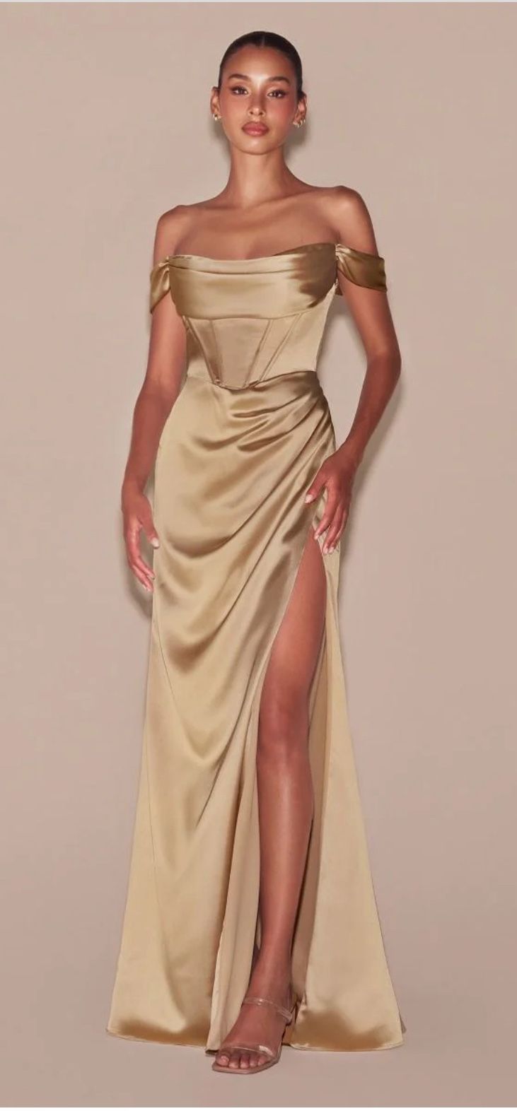MABEL GOWN - CHAMPAGNE - LUXE SATIN OFF THE SHOULDER CORSET GOWN