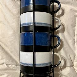 Gently Used 4 Piece Navy Blue Mug Set and Holder