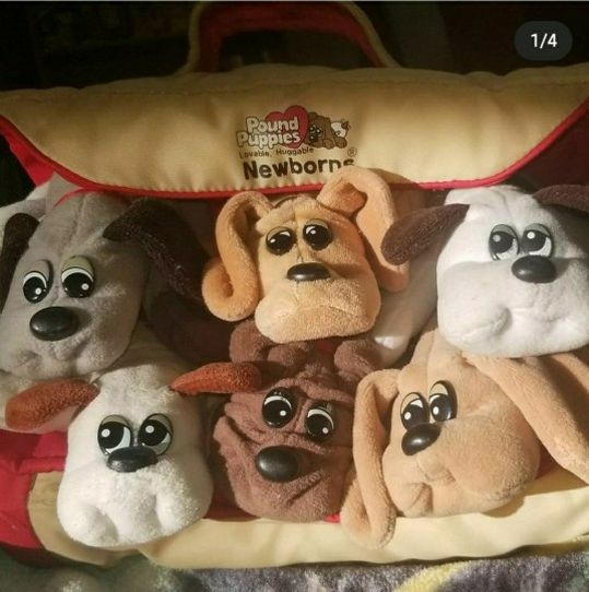 Vintage Pound Puppies Plush Toys with Carrying Case