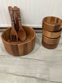 Wooden Salad Bowl Set with Servers and Small Bowls