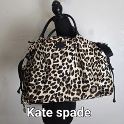 Kate Spade NY Classic Nylon Stevie Leopard Print Black Ivory Diaper Bag Tote