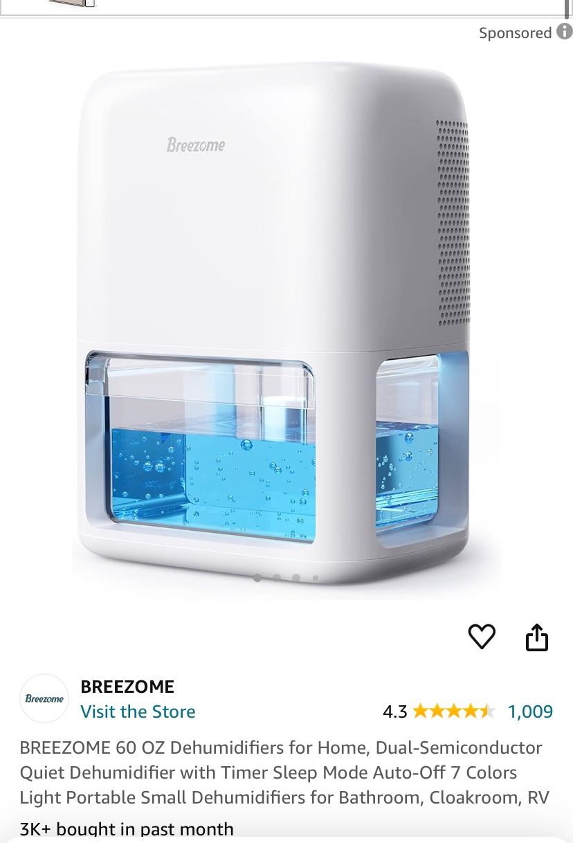 Breezome New Dehumidifier With Color Lights 60 Oz