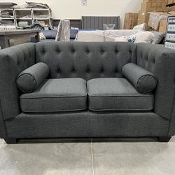 !! !New!!! Stylish Charcoal Loveseat, Grey Loveseat, Couch, Upholstered Couch, Sofa, Loveseat With Accent Pillows, Comfortable Couch