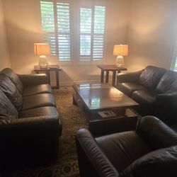 ​3-Piece Espresso Brown Leather Sofa Set & Coffee Table Bundle