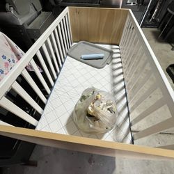 White Baby Bed Crib Mattress Wooden Frame Light Blue Brown