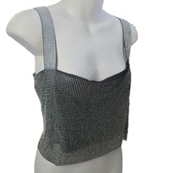 Rhinestone Crop Tank Top Womens M Silver Crystal Mesh Lace Up Back Clubwear