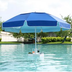Floating Pool Umbrella, Polyester Fabric UV-Resistant Outdoor Sunshade Umbrella for Inside of Pool, Portable Floating Table with Beverage Rack, Rust-R