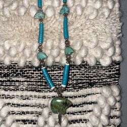 Vintage Turquoise Bear Fetish Heishi Blue Turquoise Native Navajo Beaded Necklace Floral & Coral Beads