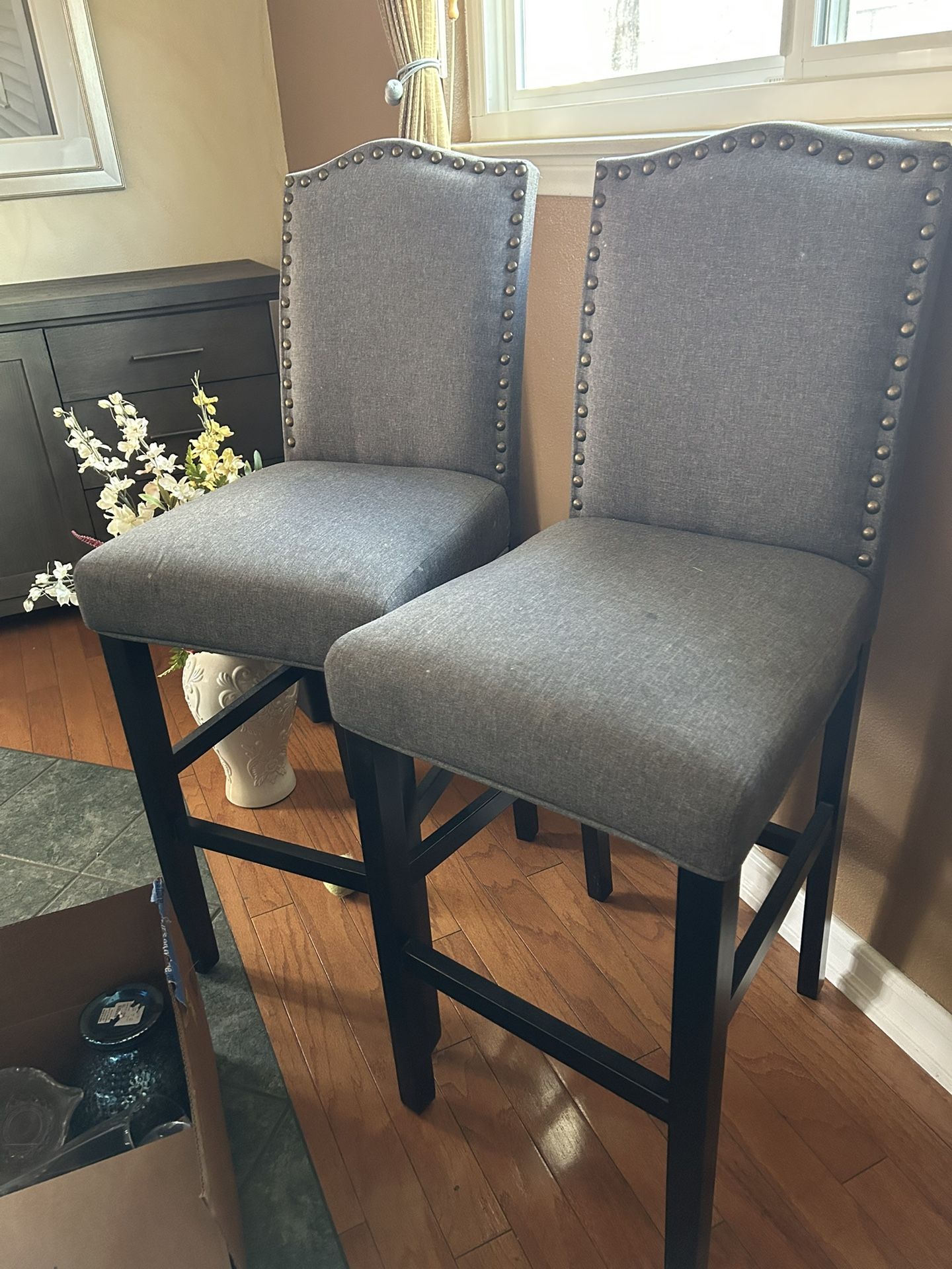 2 Gray Studded Bar Stools Seat At 28” Dark Wood Legs