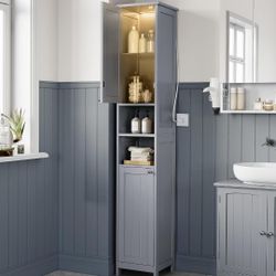 Tall Storage Cabinet with Lights, Slim Freestanding Cabinet with Adjustable Shelves, 