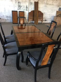 Bernhardt Burl wood formal dining table with 2 leaves & chairs