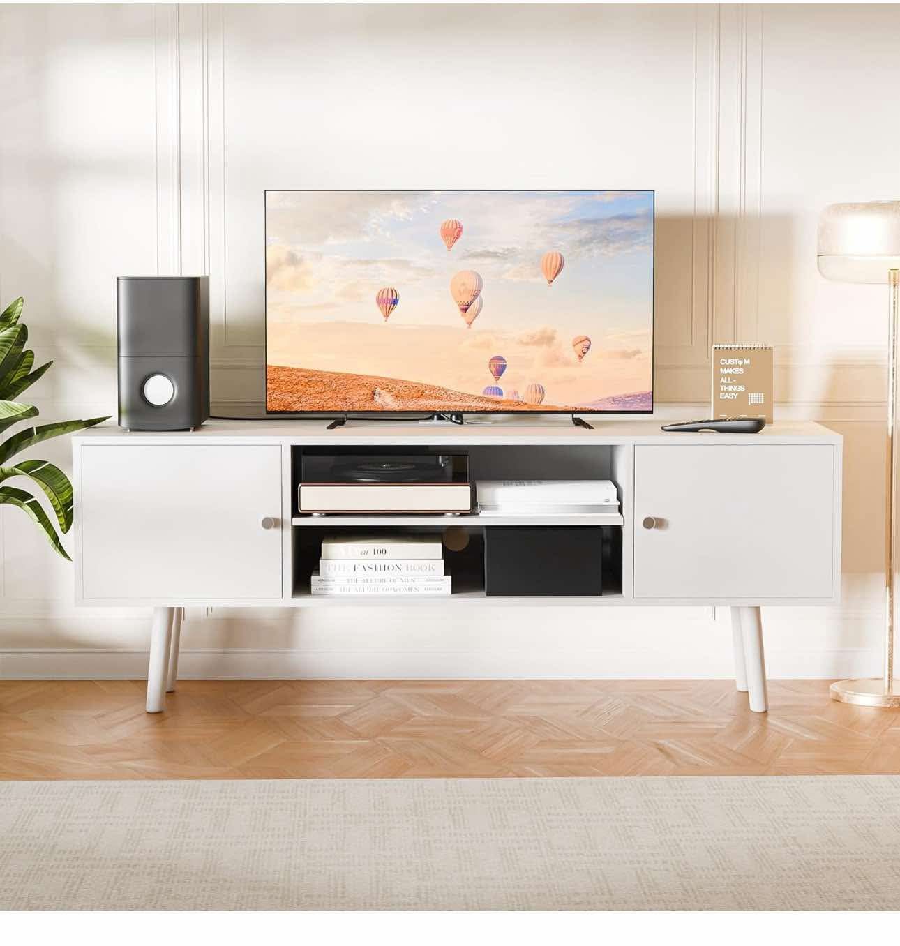 TV Stand for 48''-55''TV, Mid Century , Entertainment Center with 2 Storage Cabinets, , White F-4