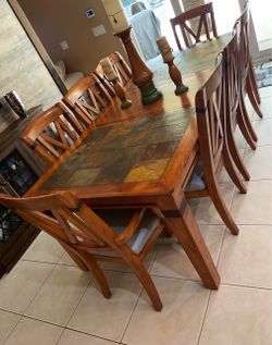Wood Dining Table with Slate Tile Top and Chairs