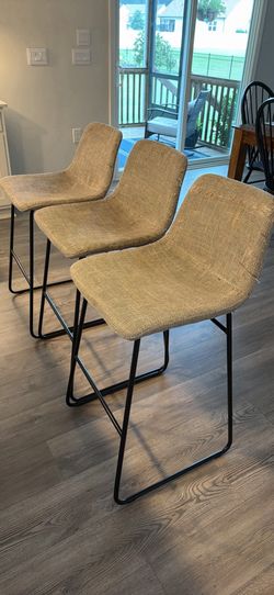 Set of 3 Woven Bar Stools with Metal Legs