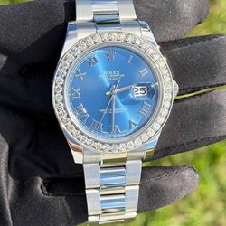Rolex Datejust 41mm Blue Azzurro Roman Dial 116300 Natural Diamond Bezel Steel Oyster Watch Box Booklets Appraisal Papers