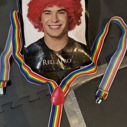 Costume - Red Afro Wig & Suspenders